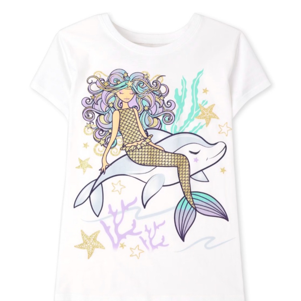 THE CHILDREN’S PLACE Mermaid Graphic Tee. Size: M (7/8) Stickers & Little Daisy.